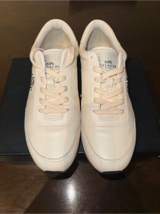 Coach Shoes - Coach Cream Leather Low-Top Sneakers with Silver Metal Logo